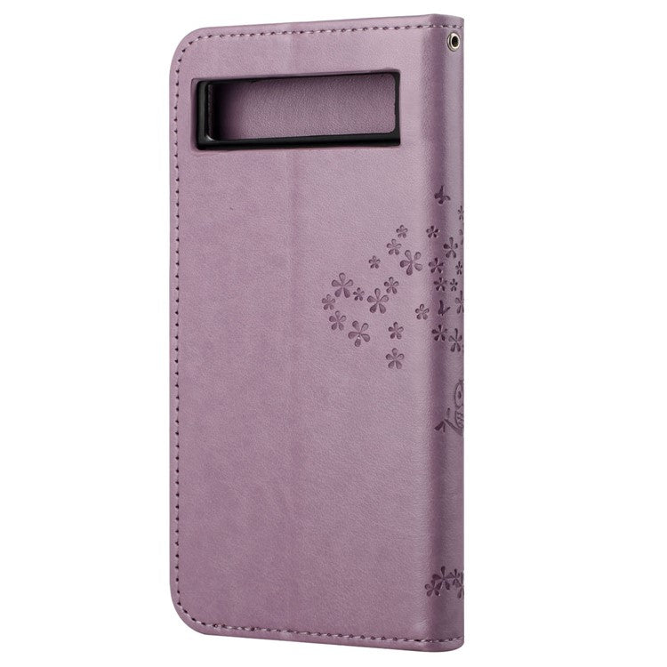 For Google Pixel 7a Imprinted Owl Tree Pattern PU Leather Stand Case Drop-proof Phone Wallet Cover - Purple