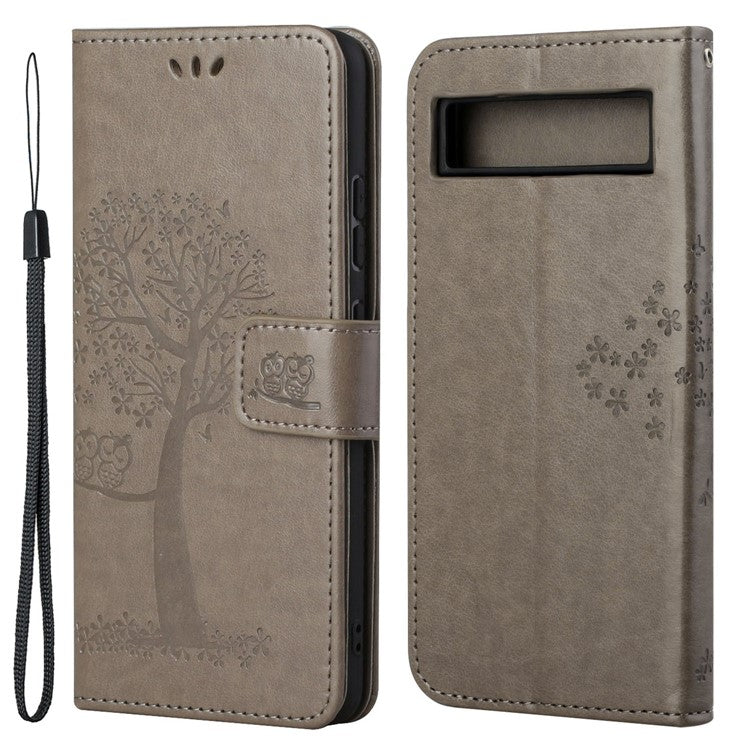 For Google Pixel 7a Imprinted Owl Tree Pattern PU Leather Stand Case Drop-proof Phone Wallet Cover - Grey