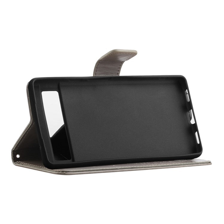 For Google Pixel 7a Imprinted Owl Tree Pattern PU Leather Stand Case Drop-proof Phone Wallet Cover - Grey