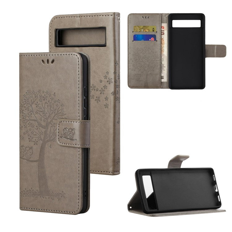 For Google Pixel 7a Imprinted Owl Tree Pattern PU Leather Stand Case Drop-proof Phone Wallet Cover - Grey
