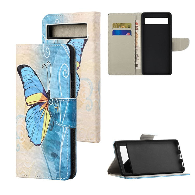 For Google Pixel 7a Cross Texture PU Leather Phone Case Pattern Printing Wallet Stand Full Body Flip Folio Cover - Butterfly