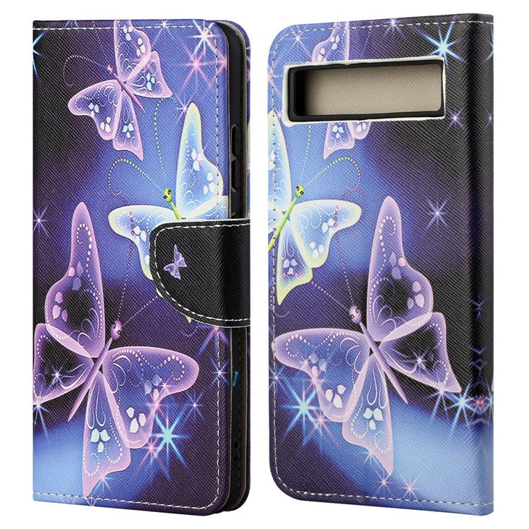For Google Pixel 7a Cross Texture PU Leather Phone Case Pattern Printing Wallet Stand Full Body Flip Folio Cover - Sparkling Butterflies