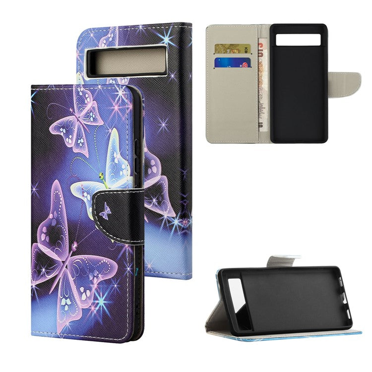 For Google Pixel 7a Cross Texture PU Leather Phone Case Pattern Printing Wallet Stand Full Body Flip Folio Cover - Sparkling Butterflies