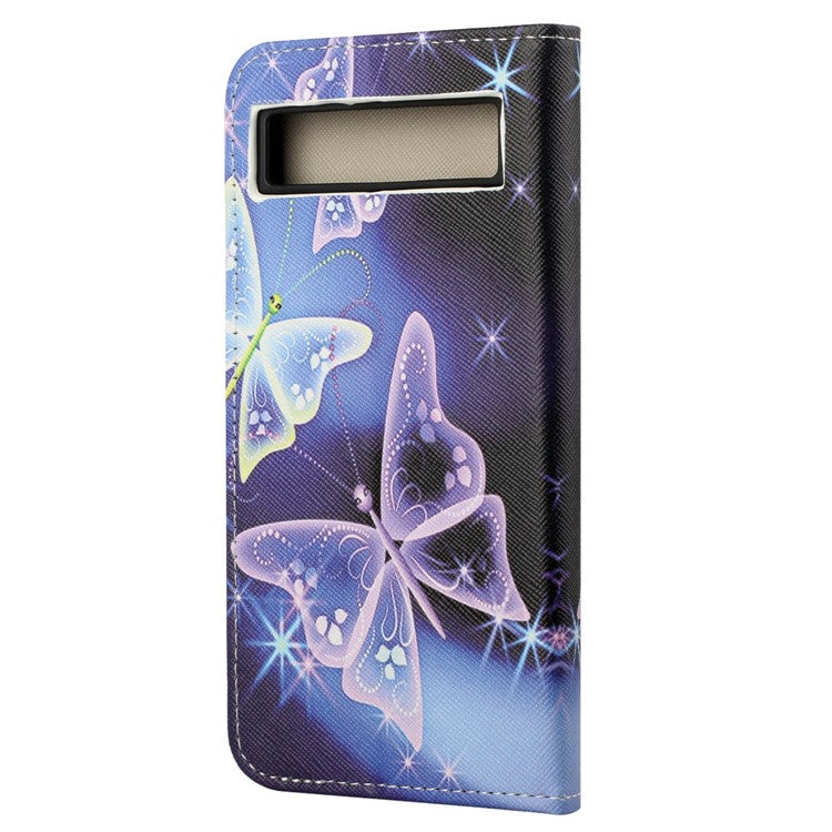 For Google Pixel 7a Cross Texture PU Leather Phone Case Pattern Printing Wallet Stand Full Body Flip Folio Cover - Sparkling Butterflies