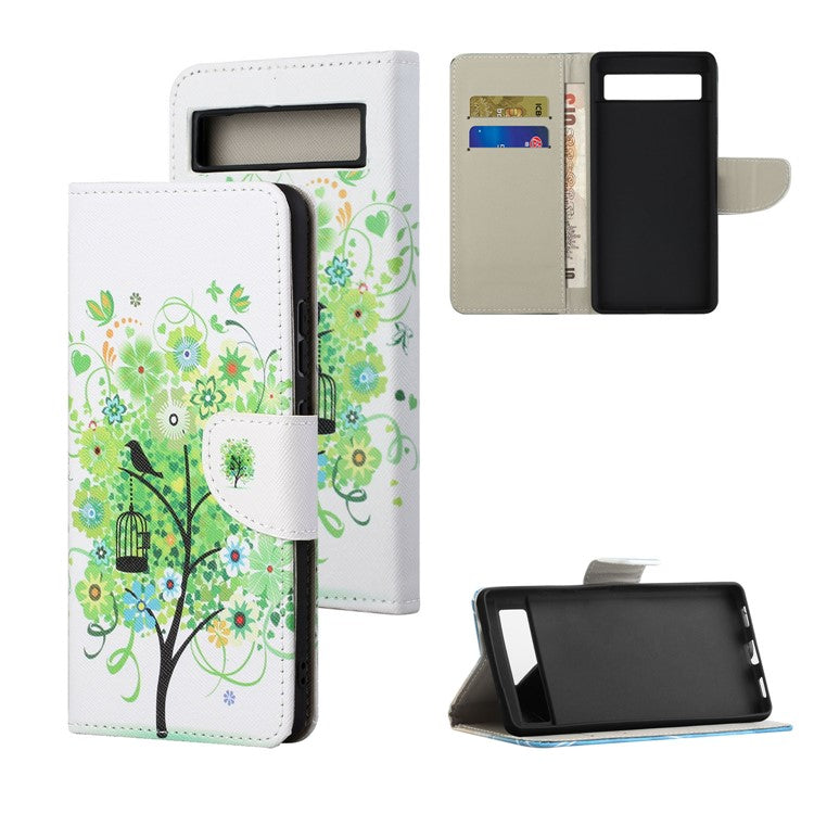 For Google Pixel 7a Cross Texture PU Leather Phone Case Pattern Printing Wallet Stand Full Body Flip Folio Cover - Green Tree