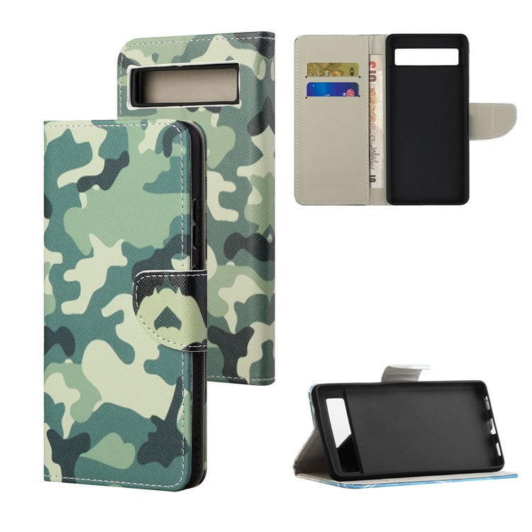 For Google Pixel 7a Cross Texture PU Leather Phone Case Pattern Printing Wallet Stand Full Body Flip Folio Cover - Camouflage