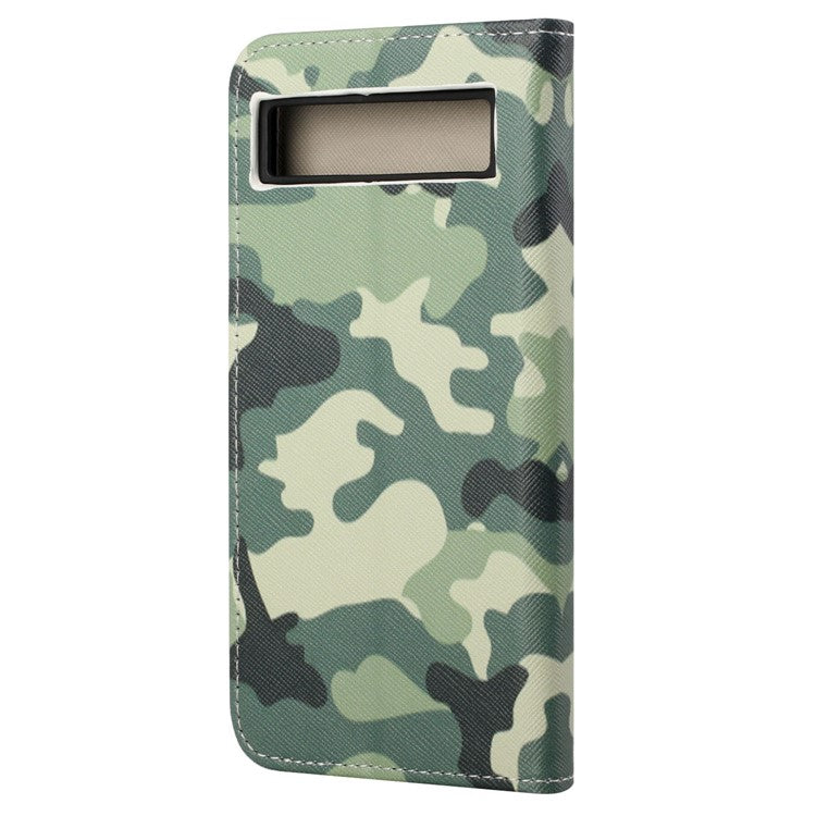 For Google Pixel 7a Cross Texture PU Leather Phone Case Pattern Printing Wallet Stand Full Body Flip Folio Cover - Camouflage