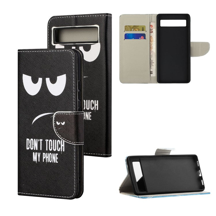 For Google Pixel 7a Cross Texture PU Leather Phone Case Pattern Printing Wallet Stand Full Body Flip Folio Cover - Don't Touch My Phone