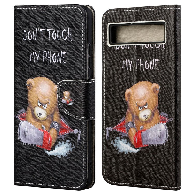 For Google Pixel 7a Cross Texture PU Leather Phone Case Pattern Printing Wallet Stand Full Body Flip Folio Cover - Bear