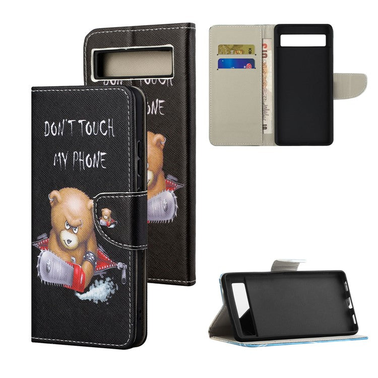 For Google Pixel 7a Cross Texture PU Leather Phone Case Pattern Printing Wallet Stand Full Body Flip Folio Cover - Bear