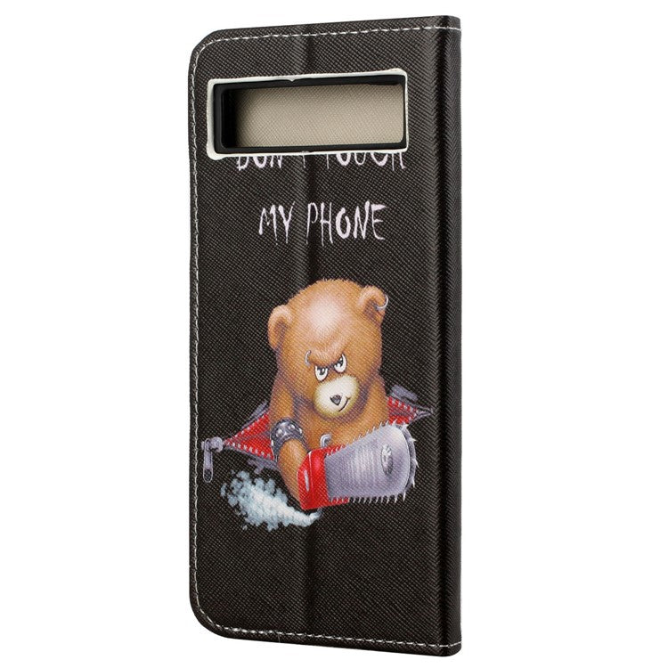 For Google Pixel 7a Cross Texture PU Leather Phone Case Pattern Printing Wallet Stand Full Body Flip Folio Cover - Bear