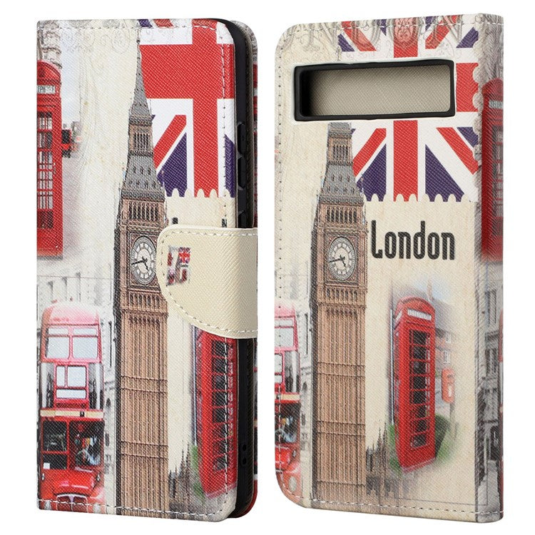 For Google Pixel 7a Cross Texture PU Leather Phone Case Pattern Printing Wallet Stand Full Body Flip Folio Cover - London Big Ben