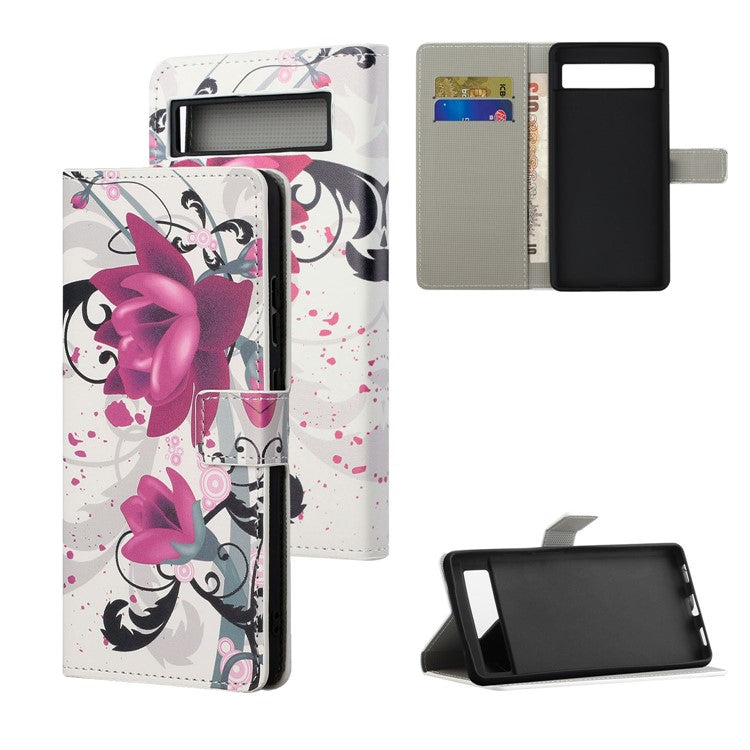 For Google Pixel 7a Pattern Printing PU Leather Wallet Cover Stand Magnetic Closure Protective Phone Case - Lotus