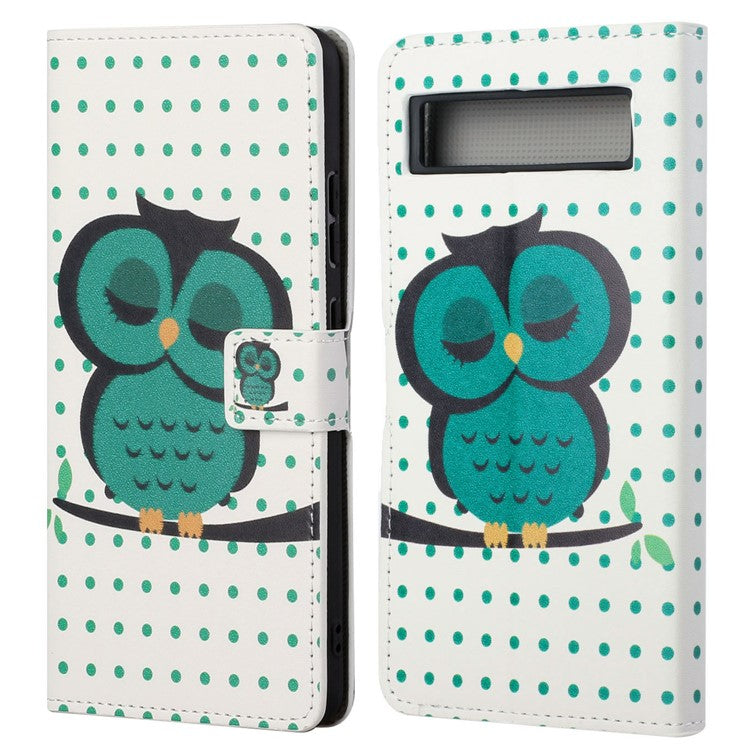 For Google Pixel 7a Pattern Printing PU Leather Wallet Cover Stand Magnetic Closure Protective Phone Case - Dots  /  Owl