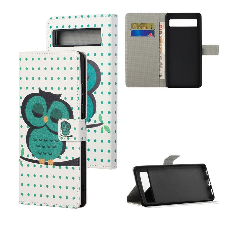 For Google Pixel 7a Pattern Printing PU Leather Wallet Cover Stand Magnetic Closure Protective Phone Case - Dots  /  Owl