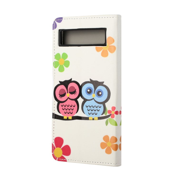 For Google Pixel 7a Pattern Printing PU Leather Wallet Cover Stand Magnetic Closure Protective Phone Case - Couple Owls