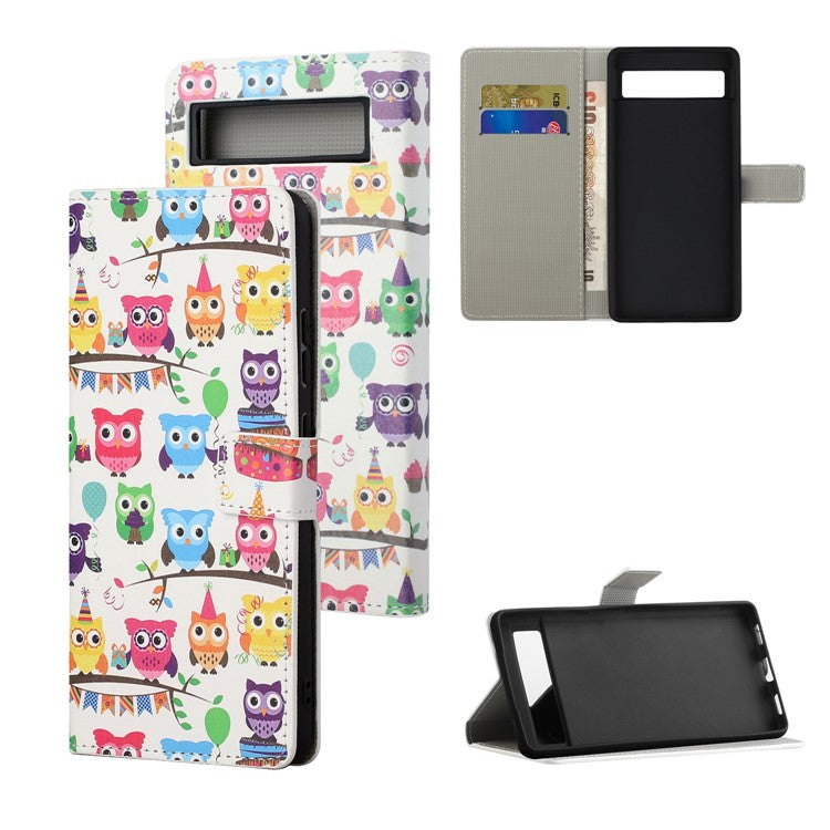 For Google Pixel 7a Pattern Printing PU Leather Wallet Cover Stand Magnetic Closure Protective Phone Case - Owls Sticker
