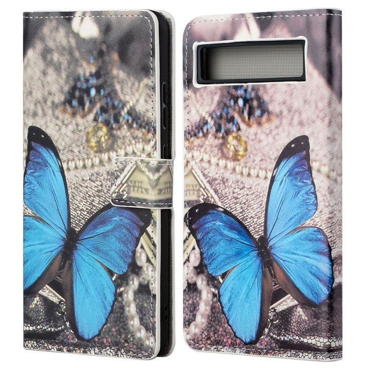 For Google Pixel 7a Pattern Printing PU Leather Wallet Cover Stand Magnetic Closure Protective Phone Case - Blue Butterfly