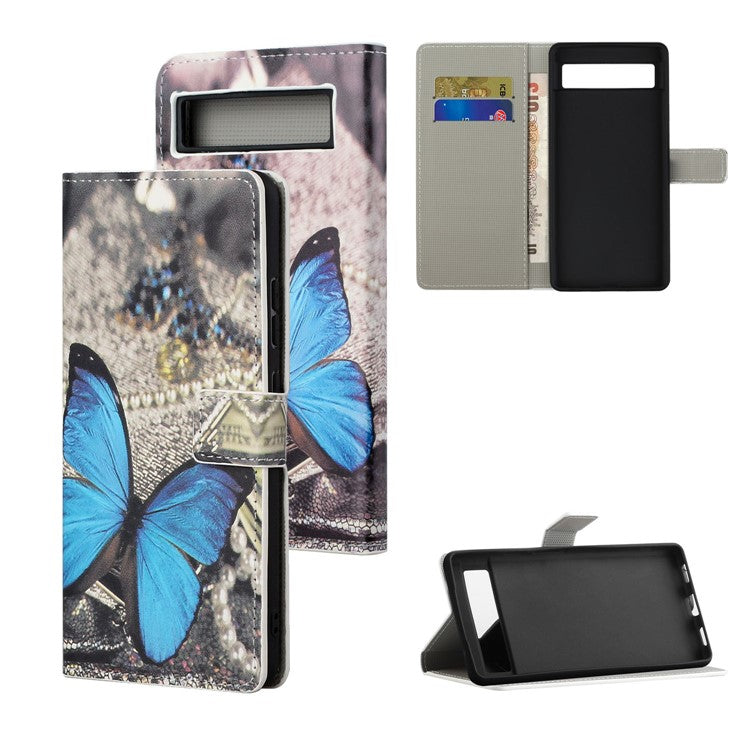 For Google Pixel 7a Pattern Printing PU Leather Wallet Cover Stand Magnetic Closure Protective Phone Case - Blue Butterfly