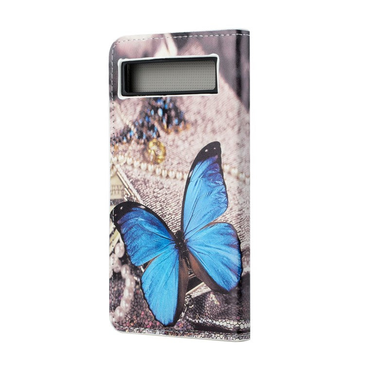 For Google Pixel 7a Pattern Printing PU Leather Wallet Cover Stand Magnetic Closure Protective Phone Case - Blue Butterfly