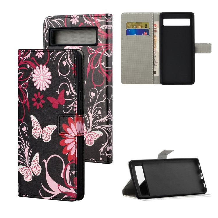 For Google Pixel 7a Pattern Printing PU Leather Wallet Cover Stand Magnetic Closure Protective Phone Case - Black  /  Butterflies
