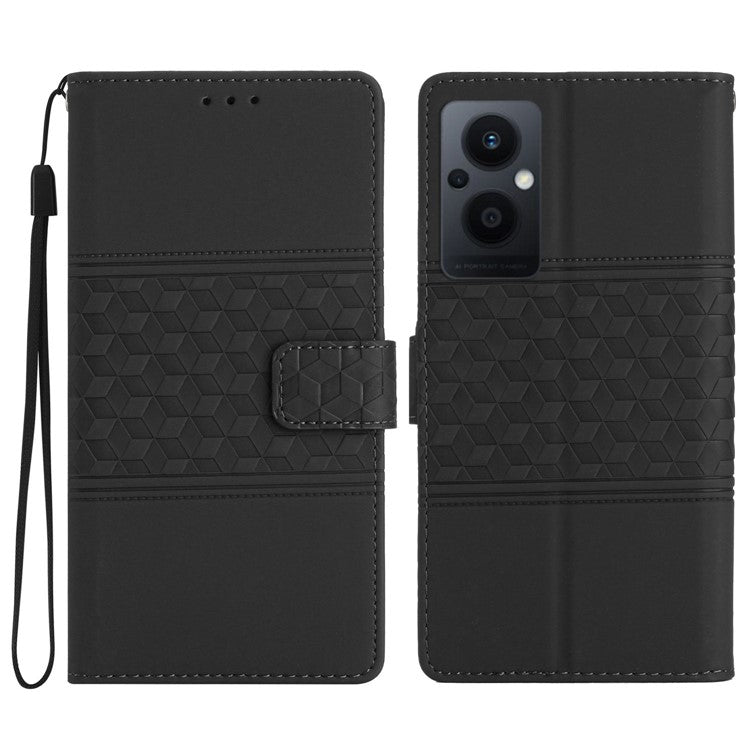 PU Leather Retro Imprinted Pattern Phone Cover for Oppo Reno8 Lite 5G / Reno7 Z 5G, Flip Wallet Stand Shockproof Phone Case with Strap - Black