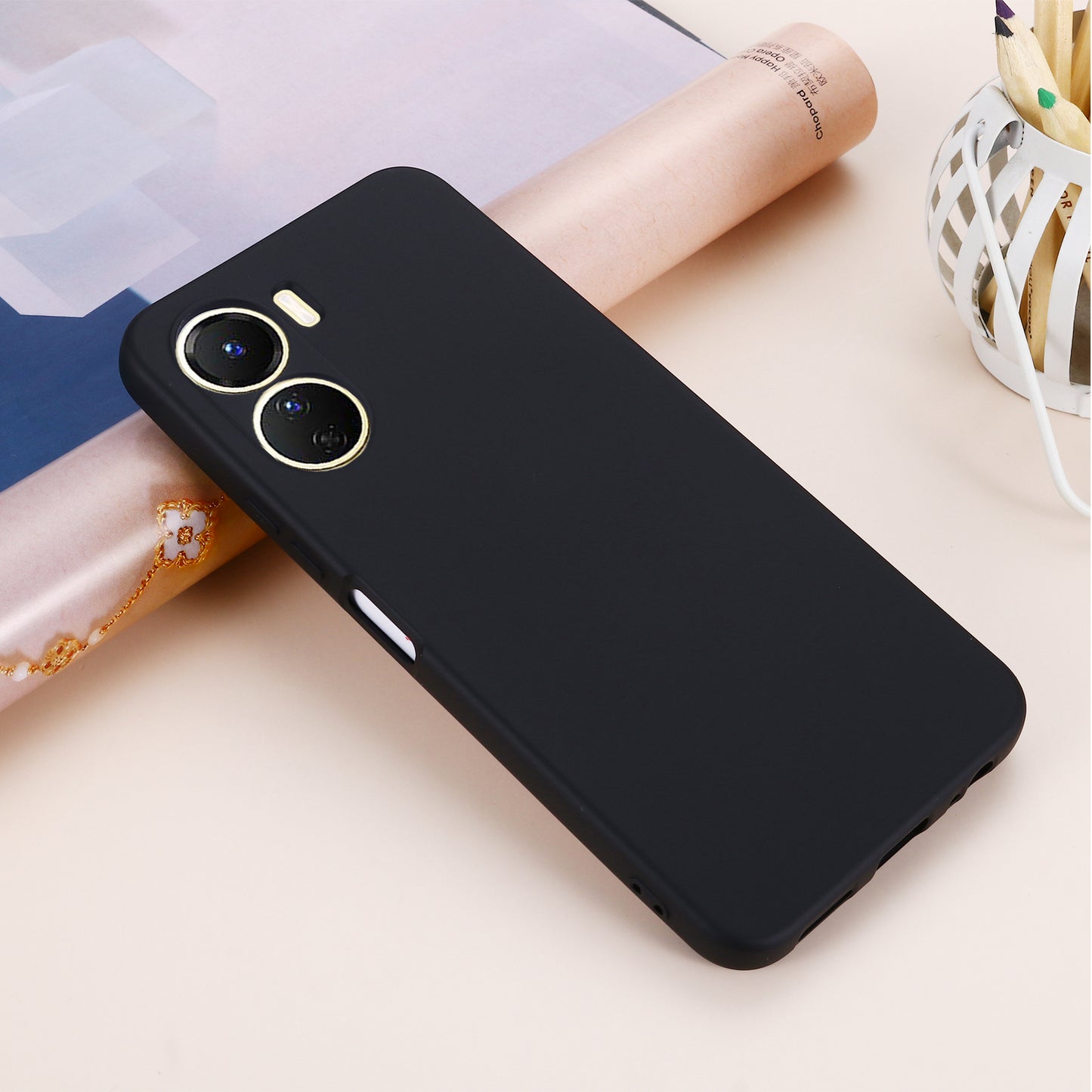 For vivo Y16 4G Phone Case, Liquid Silicone + Soft Lining Protective Back Cover with Strap - Black