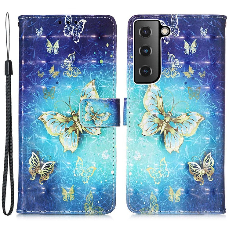For Samsung Galaxy S23 YB Pattern Printing Leather Series-2 PU Leather 3D Pattern Printing Phone Case Wallet Stand Folio Flip Cover - Golden Butterflies