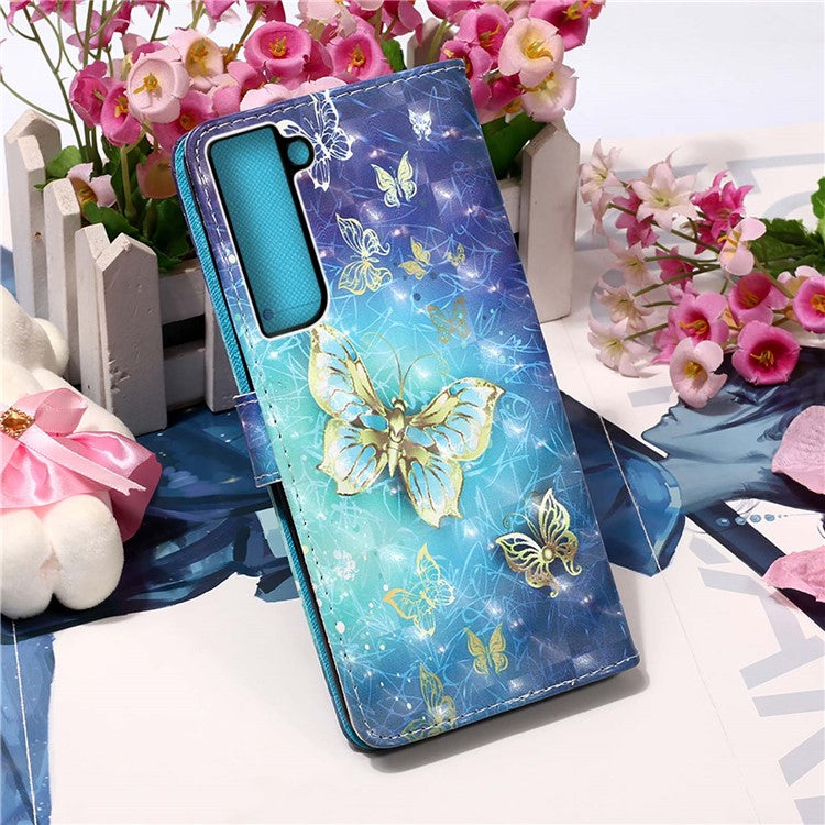 For Samsung Galaxy S23 YB Pattern Printing Leather Series-2 PU Leather 3D Pattern Printing Phone Case Wallet Stand Folio Flip Cover - Golden Butterflies