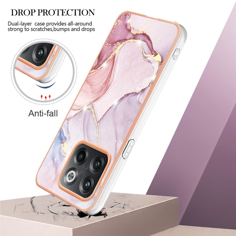 For OnePlus 10T 5G / Ace Pro 5G YB IMD Series-2 Marble Pattern Phone Case Electroplating Frame Soft TPU IMD Anti-Fingerprint Cover - Rose Gold 005
