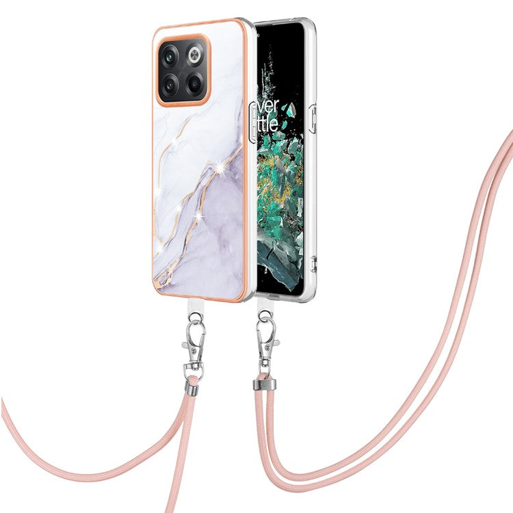For OnePlus 10T 5G / Ace Pro 5G YB IMD Series-9 Marble Pattern Scratch-Resistant Case Electroplating Frame Soft TPU IMD Phone Cover with Lanyard - White 006