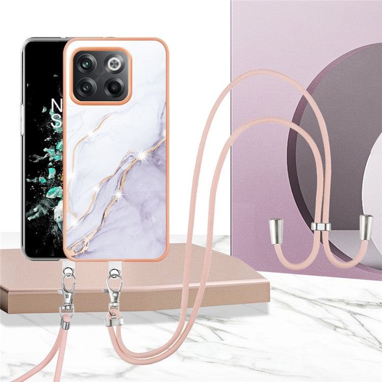 For OnePlus 10T 5G / Ace Pro 5G YB IMD Series-9 Marble Pattern Scratch-Resistant Case Electroplating Frame Soft TPU IMD Phone Cover with Lanyard - White 006