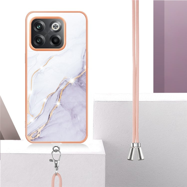 For OnePlus 10T 5G / Ace Pro 5G YB IMD Series-9 Marble Pattern Scratch-Resistant Case Electroplating Frame Soft TPU IMD Phone Cover with Lanyard - White 006
