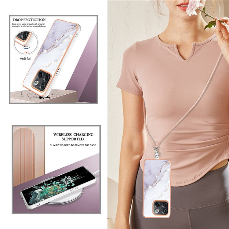 For OnePlus 10T 5G / Ace Pro 5G YB IMD Series-9 Marble Pattern Scratch-Resistant Case Electroplating Frame Soft TPU IMD Phone Cover with Lanyard - White 006