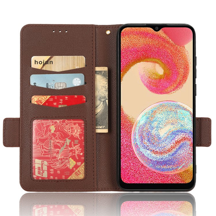 For Samsung Galaxy A04e 4G / F04 4G / M04 4G PU Leather Wallet Phone Case Dual Magnetic Clasp Litchi Texture Shockproof Flip Stand Cover - Brown