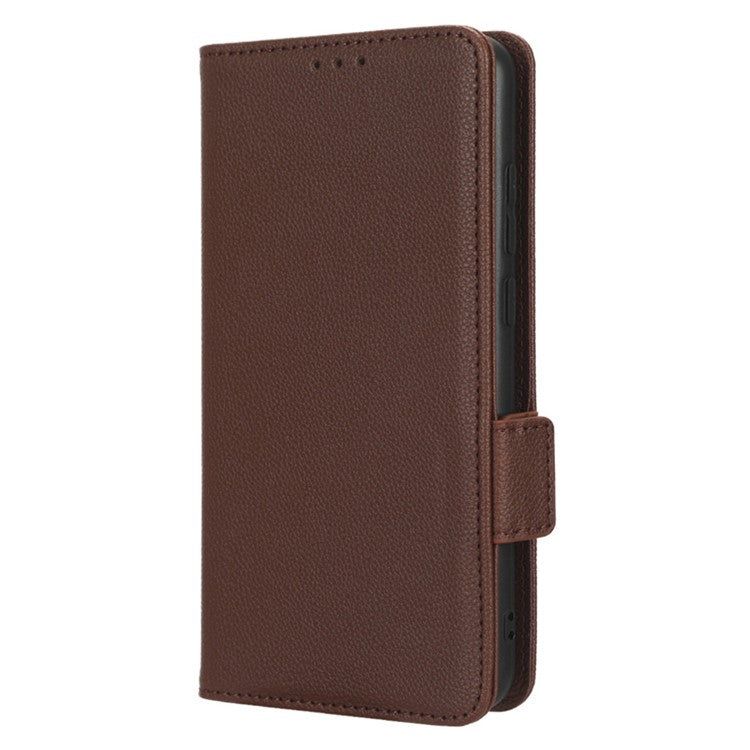 For Samsung Galaxy A04e 4G / F04 4G / M04 4G PU Leather Wallet Phone Case Dual Magnetic Clasp Litchi Texture Shockproof Flip Stand Cover - Brown