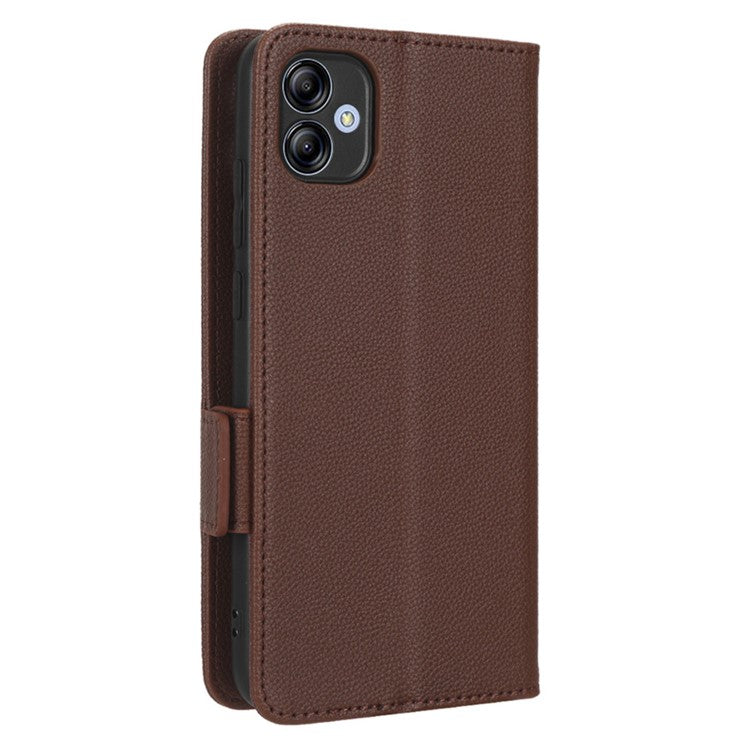 For Samsung Galaxy A04e 4G / F04 4G / M04 4G PU Leather Wallet Phone Case Dual Magnetic Clasp Litchi Texture Shockproof Flip Stand Cover - Brown