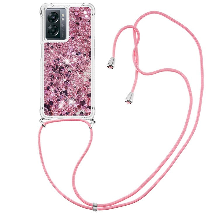 YB Quicksand Series-4 for OnePlus Nord N300 5G / Oppo A57 (2022) 5G / A77 5G / Realme Q5i / Narzo 50 5G / V23 5G Quicksand Phone Case Drop-proof Soft TPU Cover with Lanyard - Rose Gold / Hearts