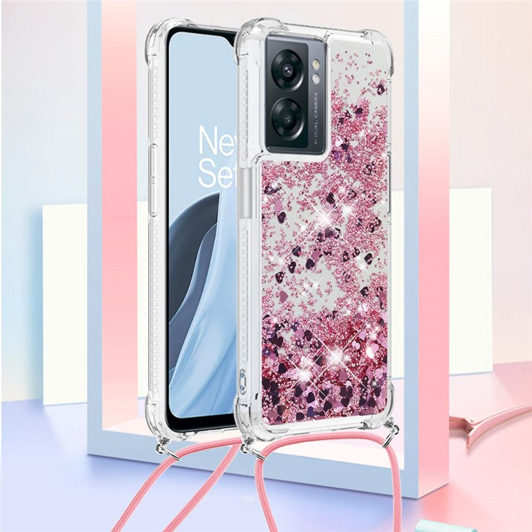 YB Quicksand Series-4 for OnePlus Nord N300 5G / Oppo A57 (2022) 5G / A77 5G / Realme Q5i / Narzo 50 5G / V23 5G Quicksand Phone Case Drop-proof Soft TPU Cover with Lanyard - Rose Gold / Hearts