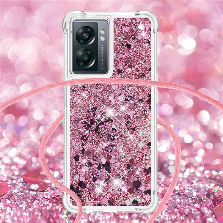 YB Quicksand Series-4 for OnePlus Nord N300 5G / Oppo A57 (2022) 5G / A77 5G / Realme Q5i / Narzo 50 5G / V23 5G Quicksand Phone Case Drop-proof Soft TPU Cover with Lanyard - Rose Gold / Hearts