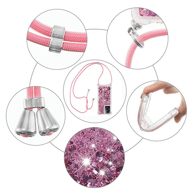 YB Quicksand Series-4 for OnePlus Nord N300 5G / Oppo A57 (2022) 5G / A77 5G / Realme Q5i / Narzo 50 5G / V23 5G Quicksand Phone Case Drop-proof Soft TPU Cover with Lanyard - Rose Gold / Hearts