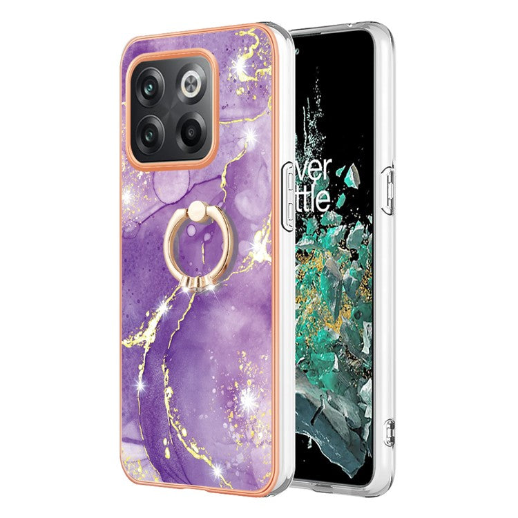 For OnePlus 10T 5G / Ace Pro 5G YB IMD Series-10 Ring Kickstand TPU Phone Case IMD IML Marble Pattern Electroplating Frame Protective Cover - Purple 002