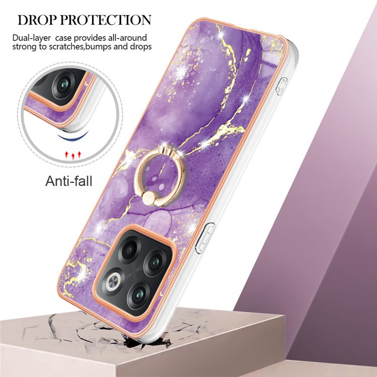 For OnePlus 10T 5G / Ace Pro 5G YB IMD Series-10 Ring Kickstand TPU Phone Case IMD IML Marble Pattern Electroplating Frame Protective Cover - Purple 002