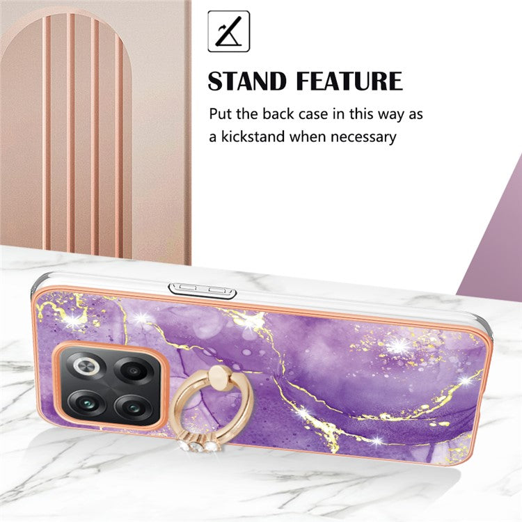 For OnePlus 10T 5G / Ace Pro 5G YB IMD Series-10 Ring Kickstand TPU Phone Case IMD IML Marble Pattern Electroplating Frame Protective Cover - Purple 002