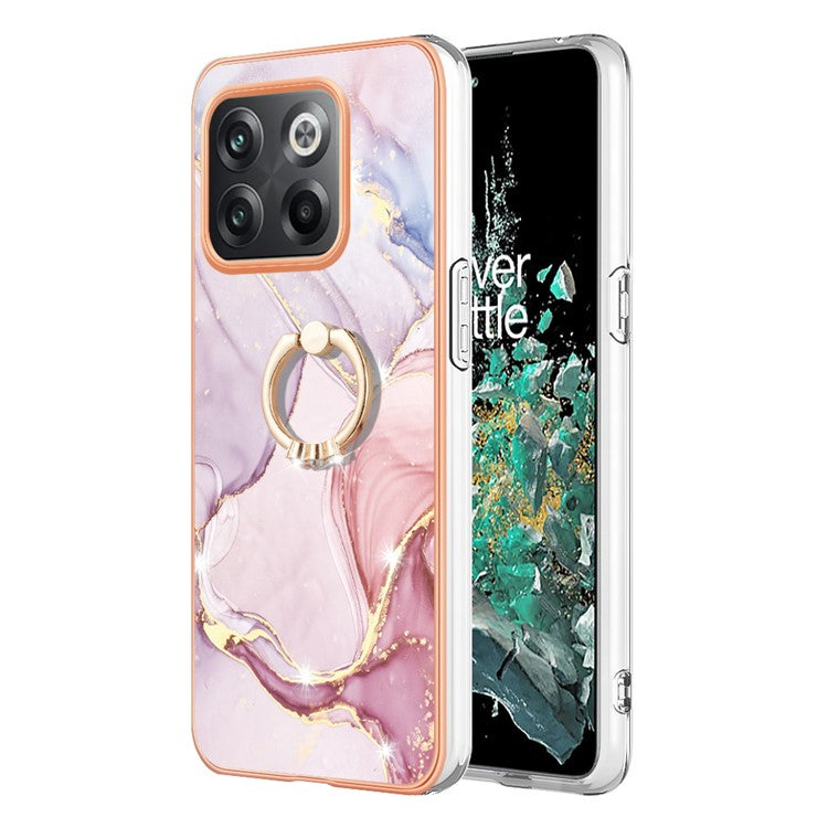 For OnePlus 10T 5G / Ace Pro 5G YB IMD Series-10 Ring Kickstand TPU Phone Case IMD IML Marble Pattern Electroplating Frame Protective Cover - Rose Gold 005