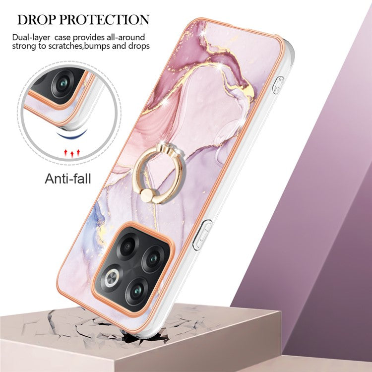 For OnePlus 10T 5G / Ace Pro 5G YB IMD Series-10 Ring Kickstand TPU Phone Case IMD IML Marble Pattern Electroplating Frame Protective Cover - Rose Gold 005
