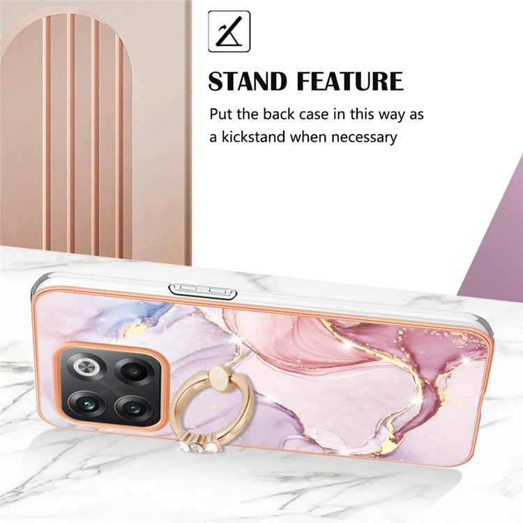 For OnePlus 10T 5G / Ace Pro 5G YB IMD Series-10 Ring Kickstand TPU Phone Case IMD IML Marble Pattern Electroplating Frame Protective Cover - Rose Gold 005