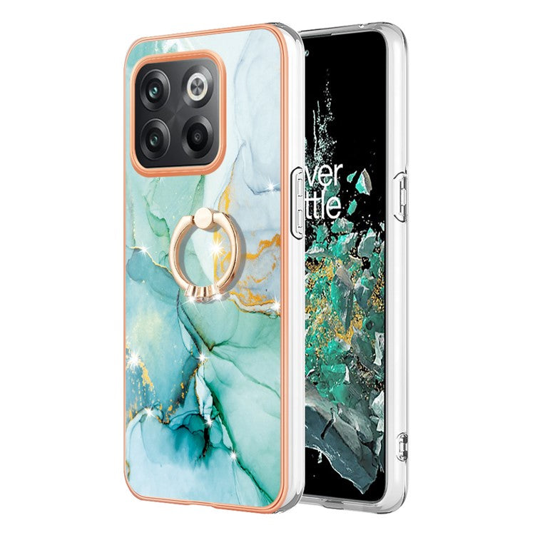 For OnePlus 10T 5G / Ace Pro 5G YB IMD Series-10 Ring Kickstand TPU Phone Case IMD IML Marble Pattern Electroplating Frame Protective Cover - Green 003