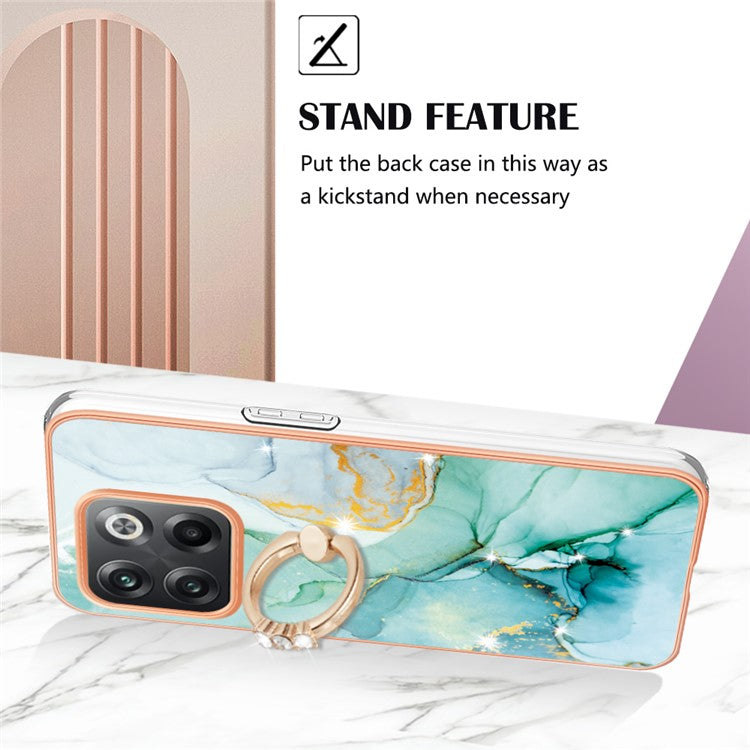 For OnePlus 10T 5G / Ace Pro 5G YB IMD Series-10 Ring Kickstand TPU Phone Case IMD IML Marble Pattern Electroplating Frame Protective Cover - Green 003