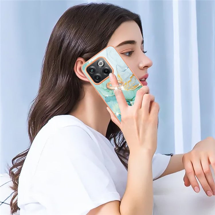 For OnePlus 10T 5G / Ace Pro 5G YB IMD Series-10 Ring Kickstand TPU Phone Case IMD IML Marble Pattern Electroplating Frame Protective Cover - Green 003